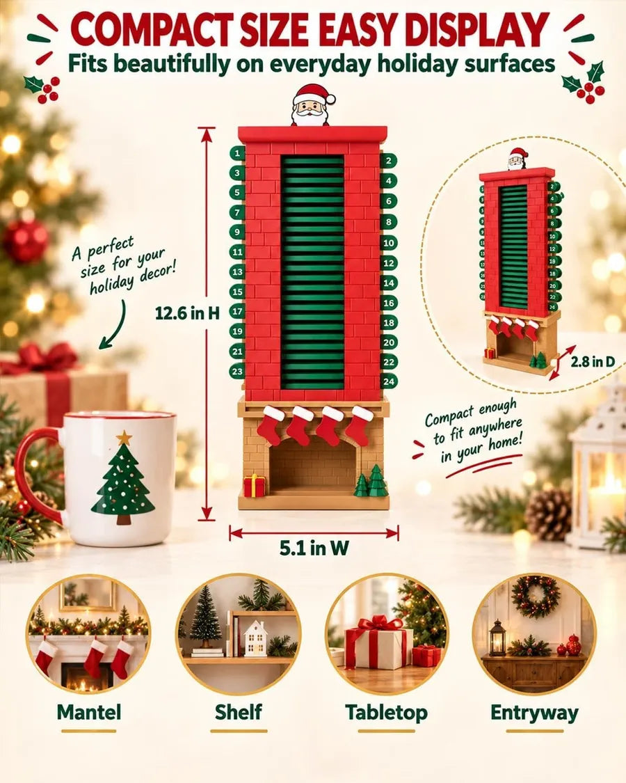Compact Santa chimney countdown calendar shown with dimensions and holiday display ideas