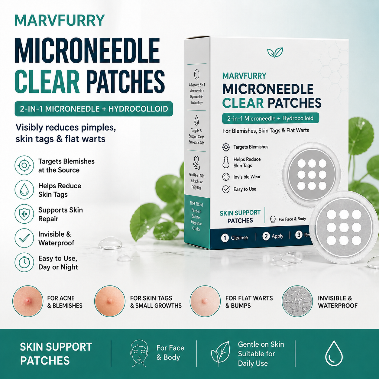 ✨2-in-1 Microneedle & Hydrocolloid Patch🍀| Removes Raised Moles, Acne, Flat Warts & Skin Tags | Helps Improve Wrinkles, Scars & Blemishes | Invisible Patches for Face & Body
