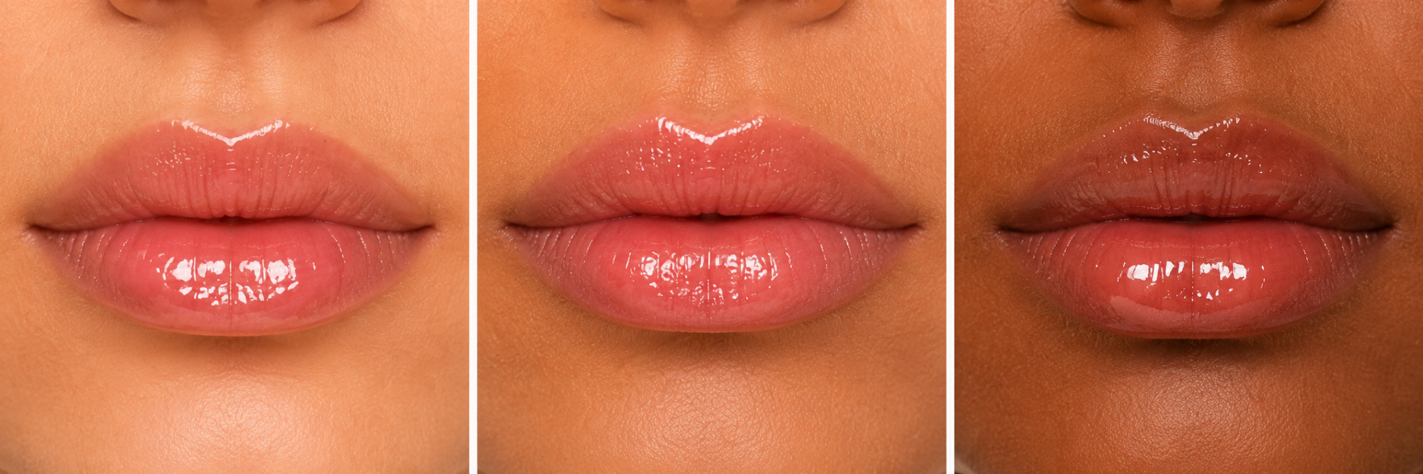Three close-up glossy lip looks after Marvfurry lip plumper application