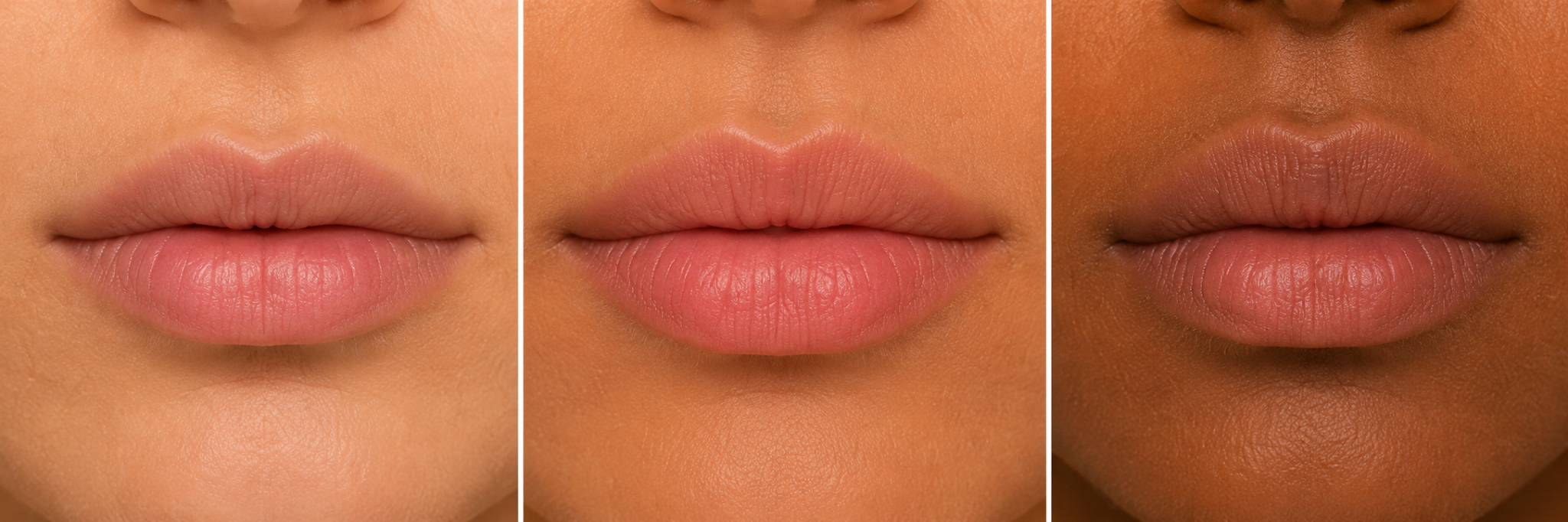 Three close-up lip looks before Marvfurry lip plumper application