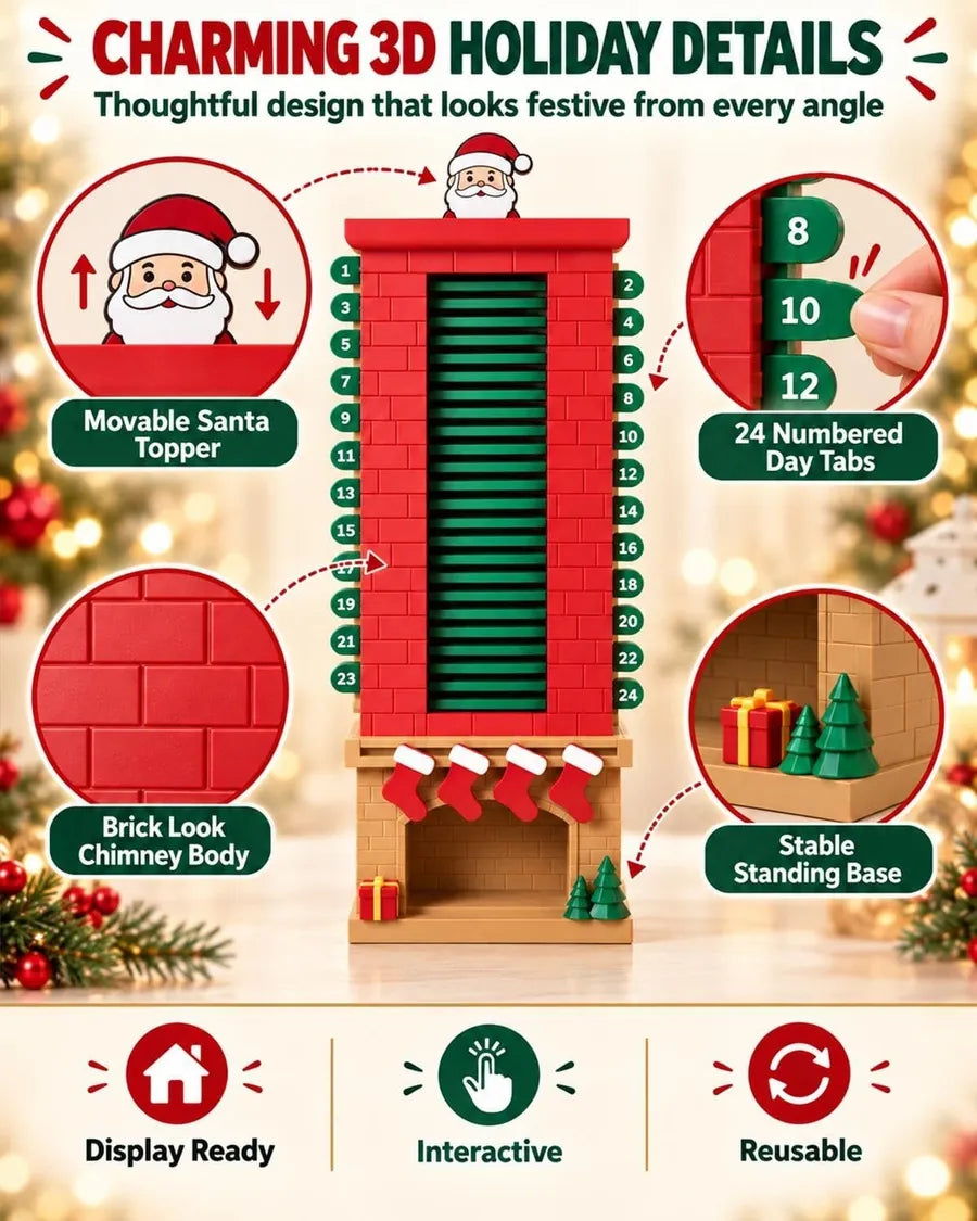 Santa chimney countdown calendar with movable Santa topper, numbered tabs and 3D holiday details