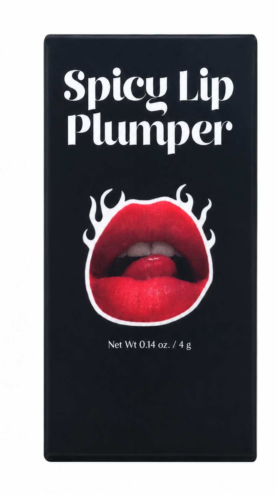 Spicy Lip Plumper black outer carton with red lips and flame artwork